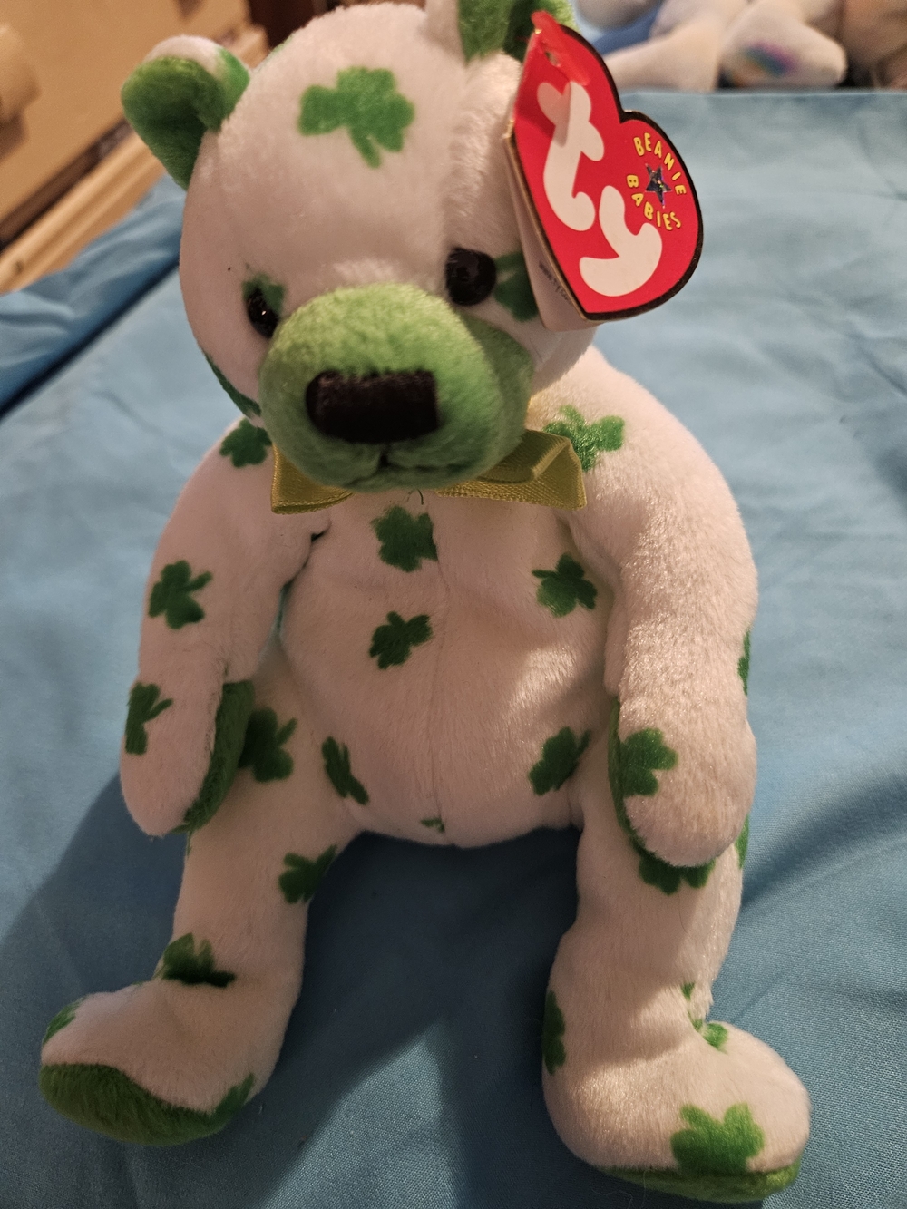 Ty White Plush Bear with Green Shamrocks
